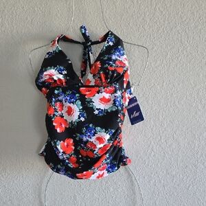 H&M Black Floral Halter Camisole Top - Red & White Blooms